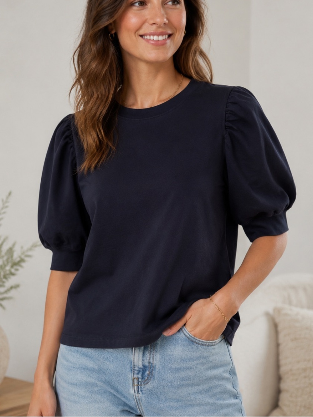 Frame Cotton Navy Blue Puff Sleeve Crewneck Tee Shirt Blouse Large L